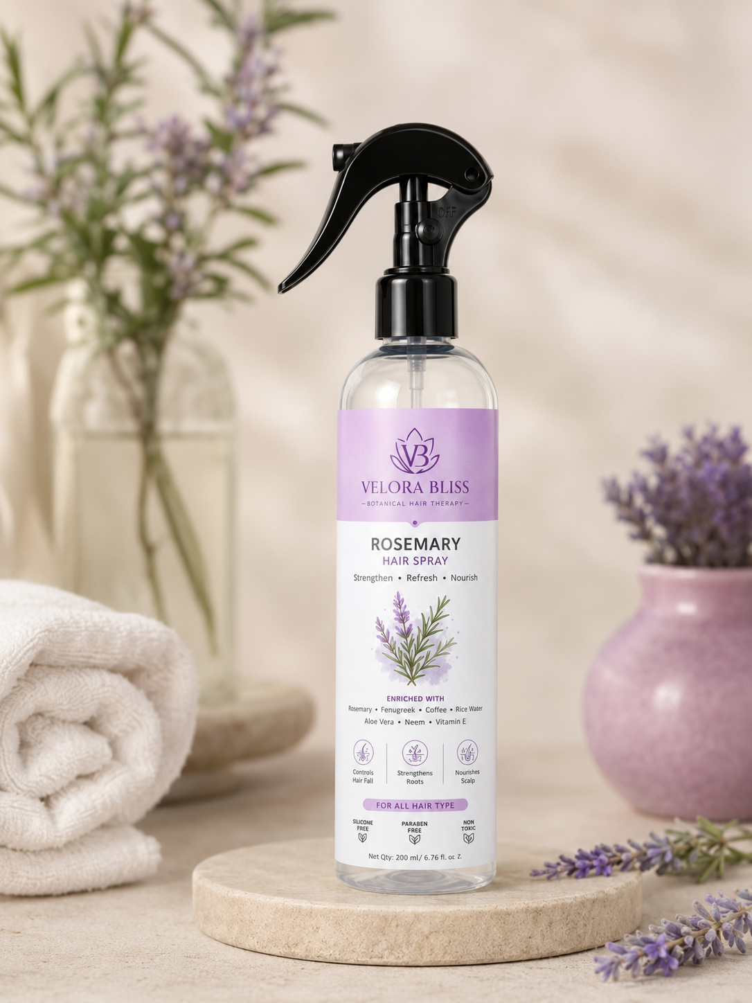 Velora Bliss Rosemary Hair Spray for Hair &amp; Scalp Care | Rosemary, Rice Water, Fenugreek, Coffee &amp; Aloe Vera Extracts | Lightweight Daily Hair Mist for Stronger Looking Hair | Non-Sticky, Silicone &amp; Paraben Free | 200ml