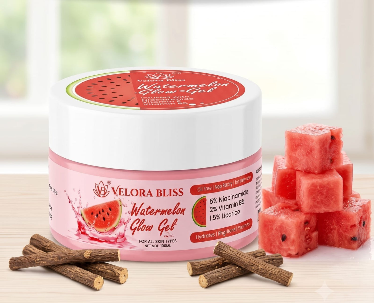 Velora Bliss Watermelon Glow Gel Moisturizer for Face | 5% Niacinamide, Watermelon Extract, Licorice Extract & Vitamin B5 | Oil-Free Hydrating Face Gel for Glowing Skin | Non-Sticky Daily Moisturizer | 100g